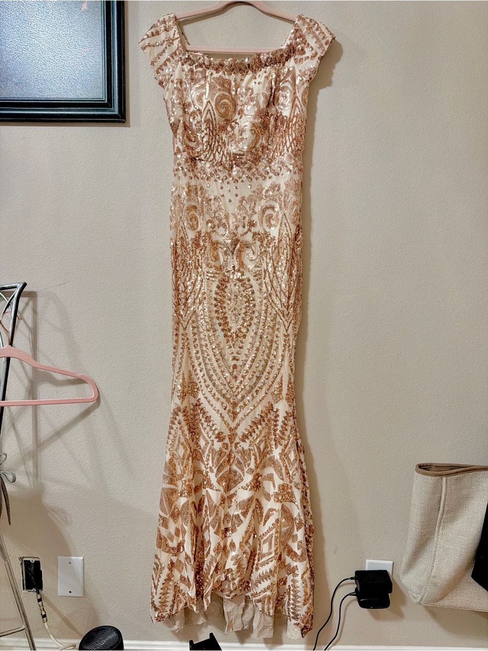 Grace Champagne and Gold Beaded Evening Gown